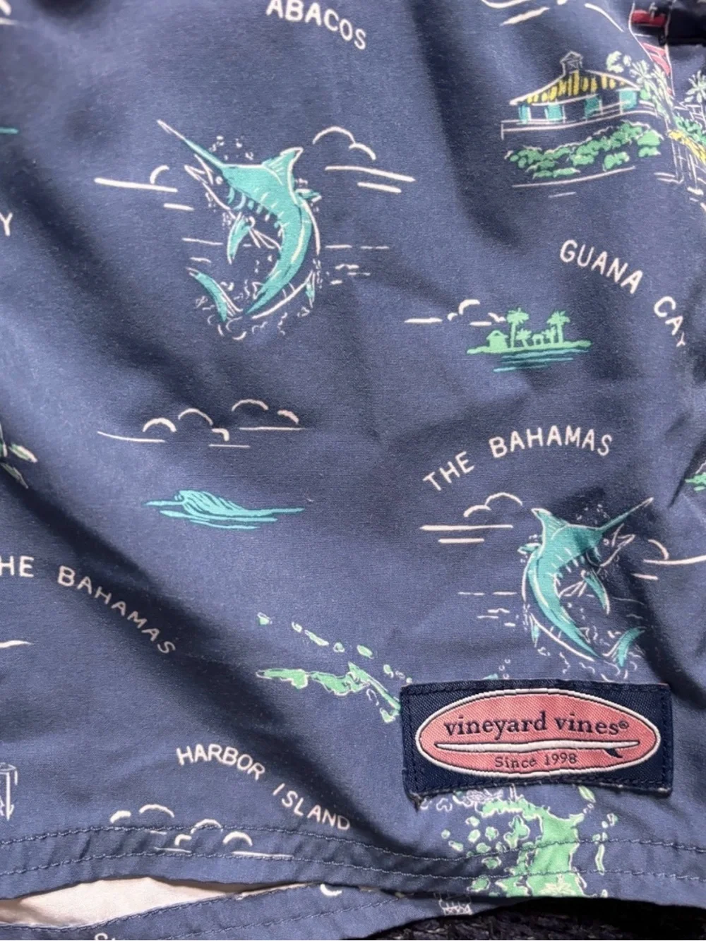 Vineyard Vines Navy Swim Trunks with Green & Aqua Island Print